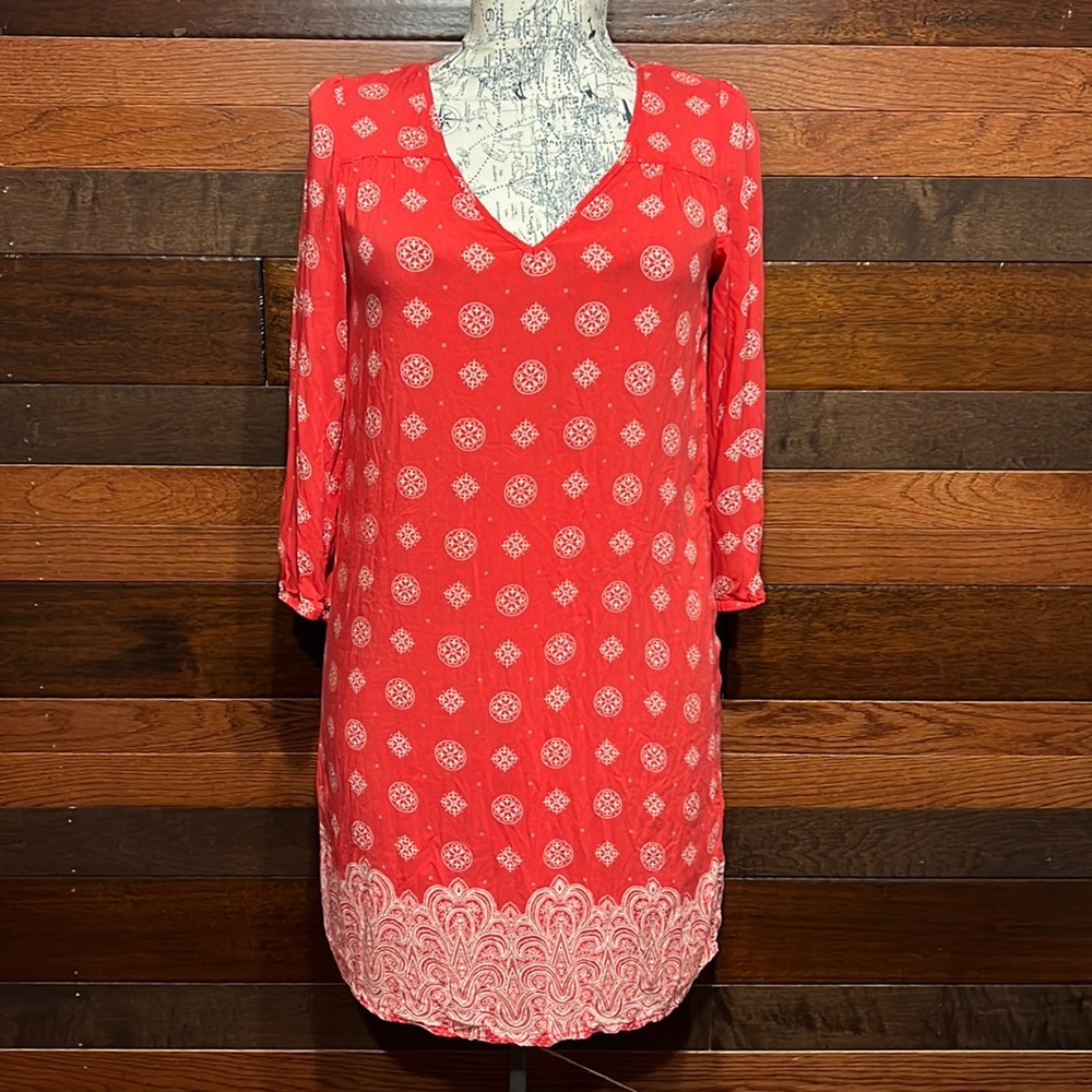 H & M V Neck Long Sleeve Red Paisley Print Midi Dress